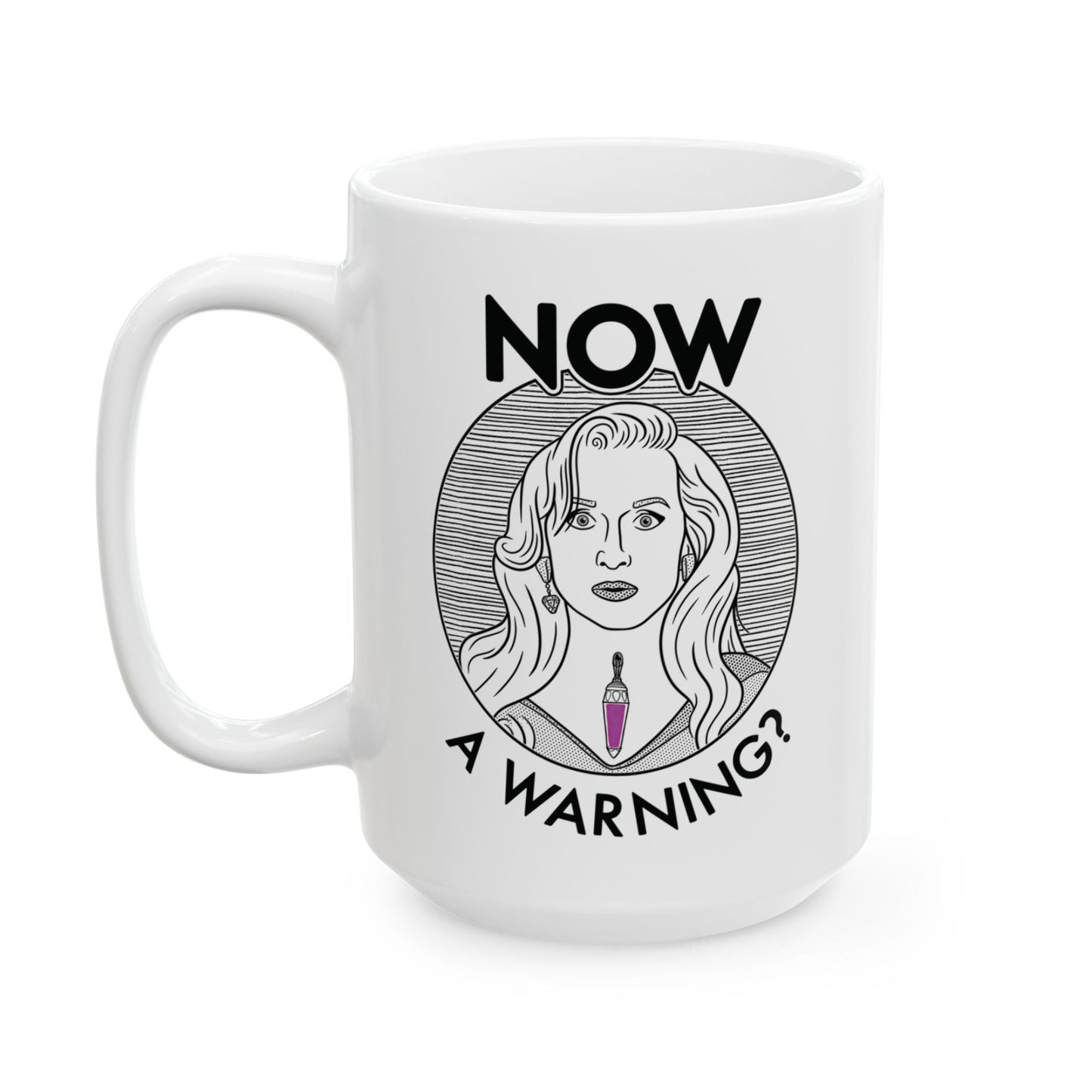 White mug with a graphic design featuring a woman's face and text on a white background