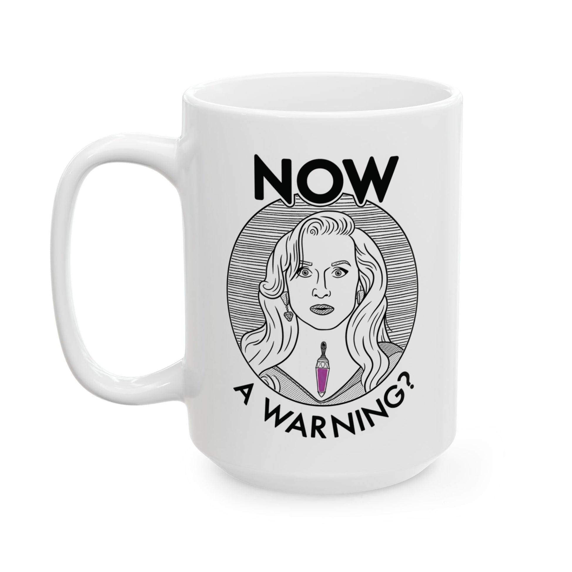 White mug with a graphic design featuring a woman's face and text on a white background