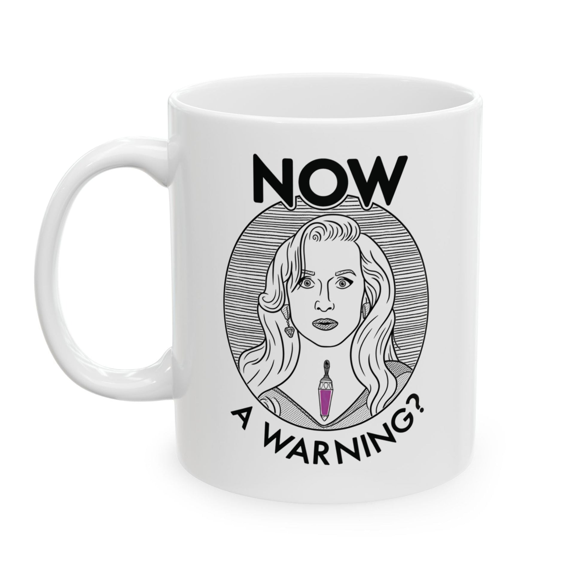 White mug with a graphic design of a woman's face and text on a white background
